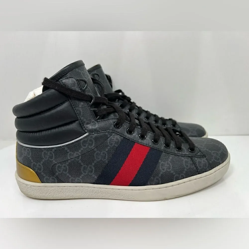 AUTH GUCCI MEN CANVAS GG LOGO PRINT ACE HIGH TOP GOLD BACK SNEAKERS SIZE 8